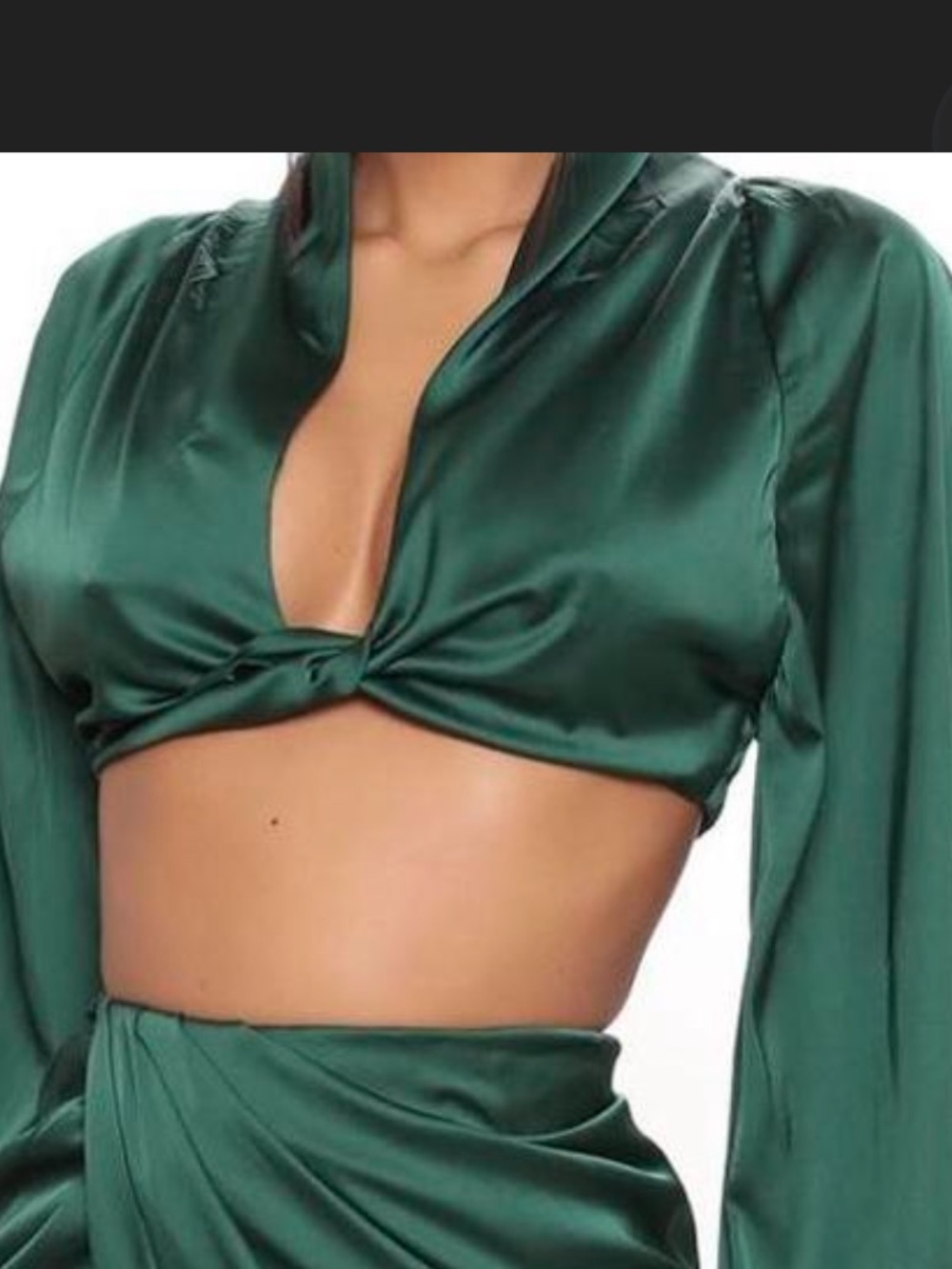 Fashion Nova Emerald Green Satin Long Sleeve Wrap Top size large